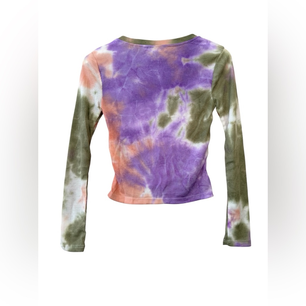 Lush Women’s  Tie Dye Cropped Waffle Knit Shirt Knotted Front Orange Size S - Picture 2 of 9